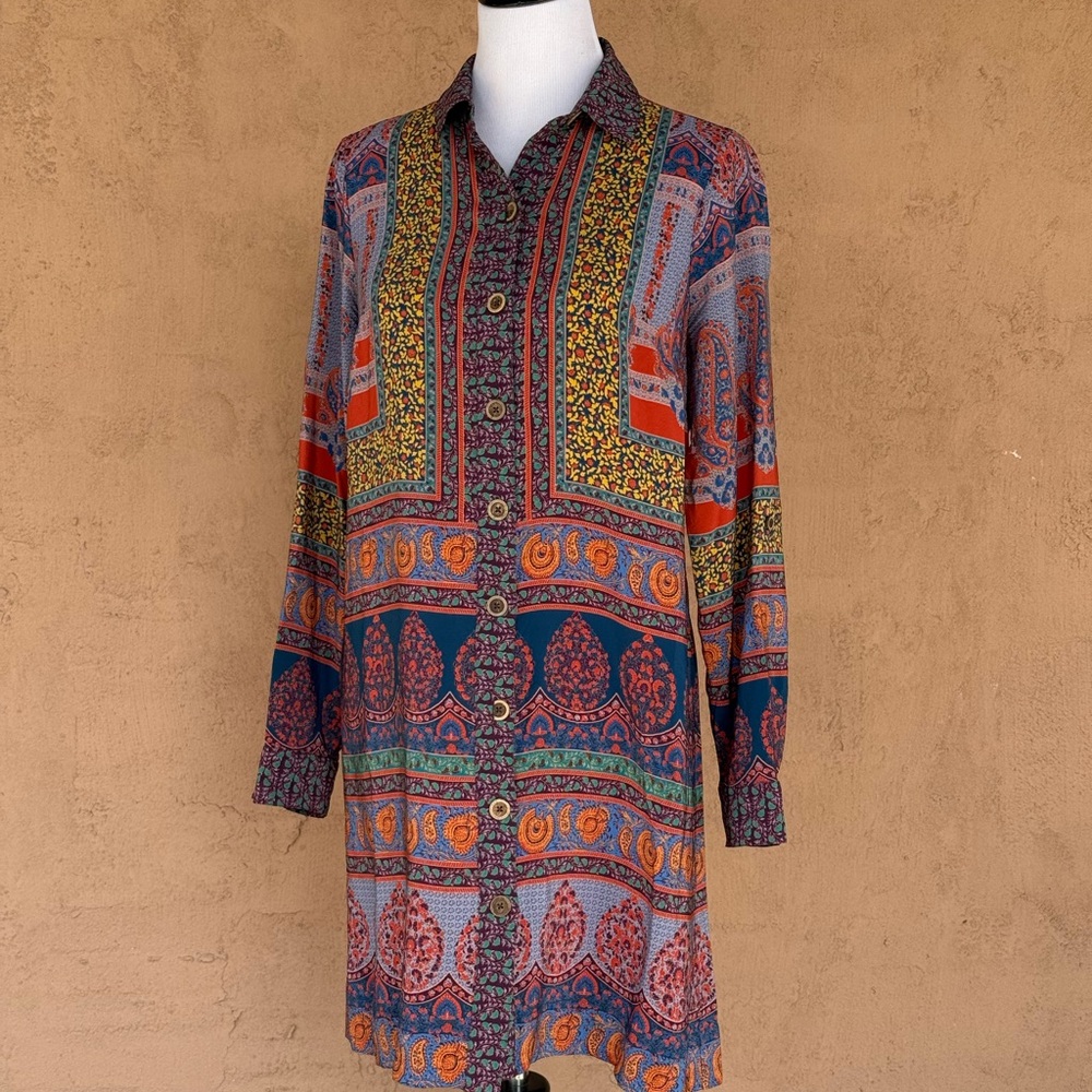 Anthropologie Maeve Maroon Floral Print Top with Teal and Orange Accents
